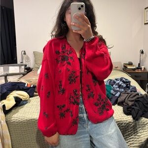 Vintage Red Knit Cardigan grandma cottage core